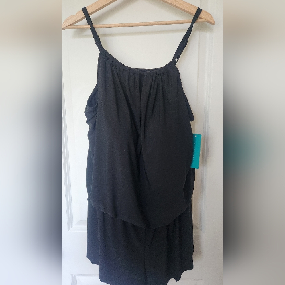 AquaGreen Women One Piece Black Swimsuit 22W Keyhole Romper with Pockets